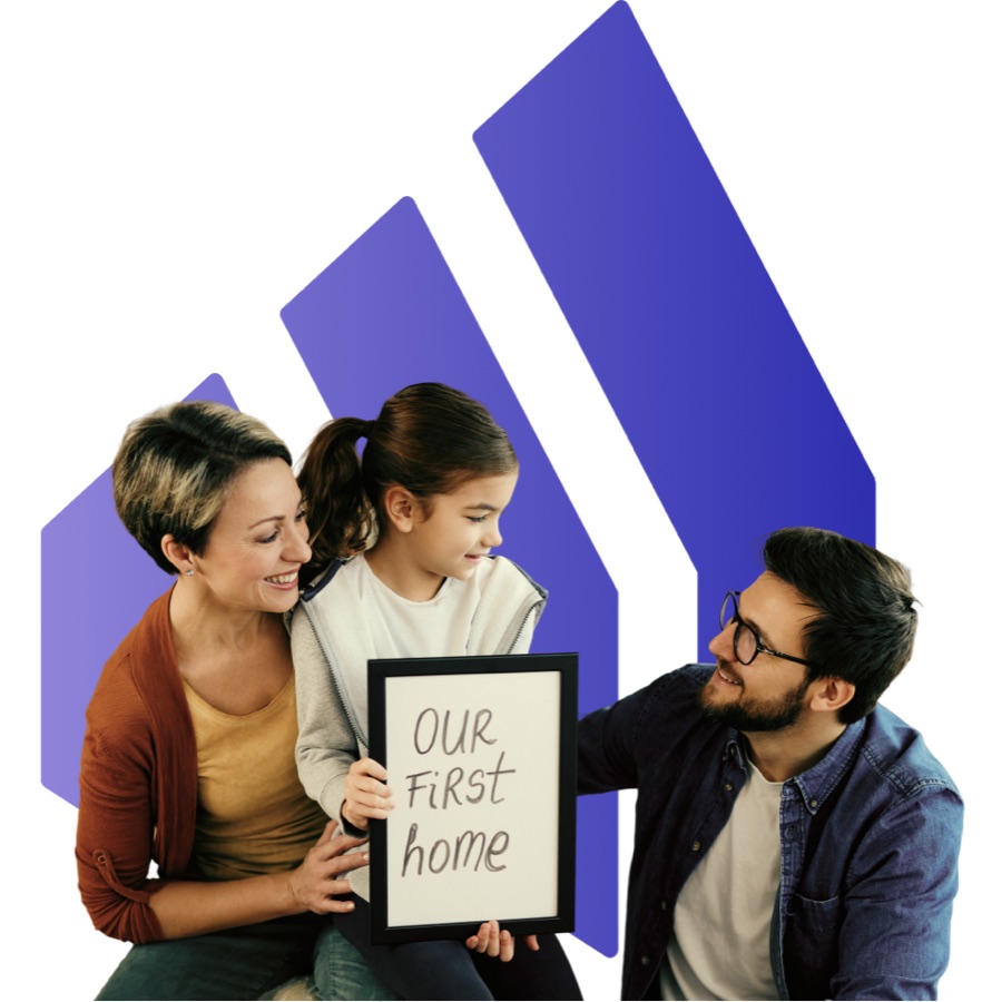 A family holding a handwritten sign celebrating their first home